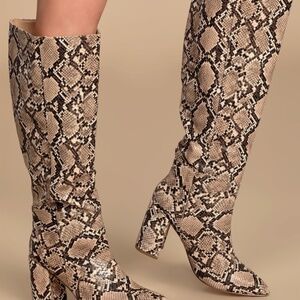 Lulus Katari Tan Snake Pointed-toe Knee High Boots Beige - Size 6.5
